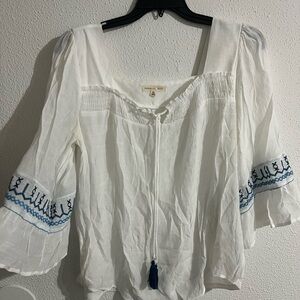 Parallel Threads White Peasant Blouse with Blue Embroidery